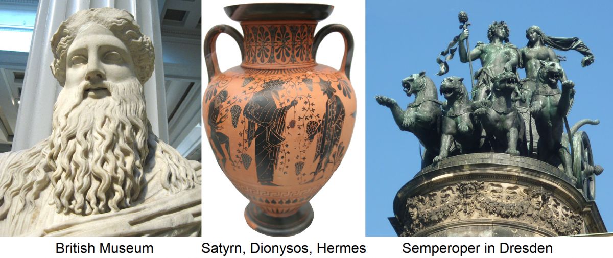 Dionysos - Büste im British Musaeum, Vase mit Saytyrn, Dionysos und Hermes, Quadriga Semper-Oper in Dresden