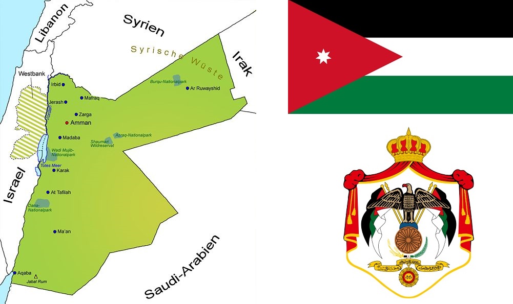 Jordanien - Landkarte, Flagge und Wappen