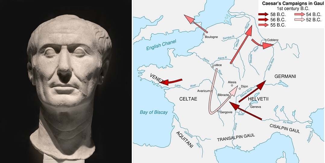 Julius Cäsar - Büste und Karte mi Eroberungen