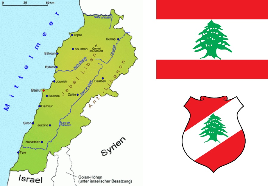 Libanon - Landkarte, Flagge und Wappen