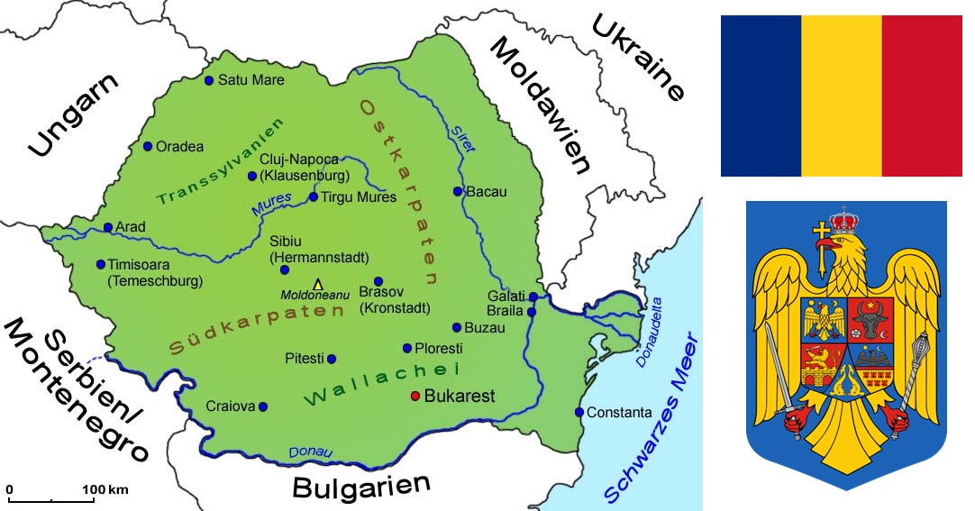 Rumänien - Landkarte, Flagge und Wappen