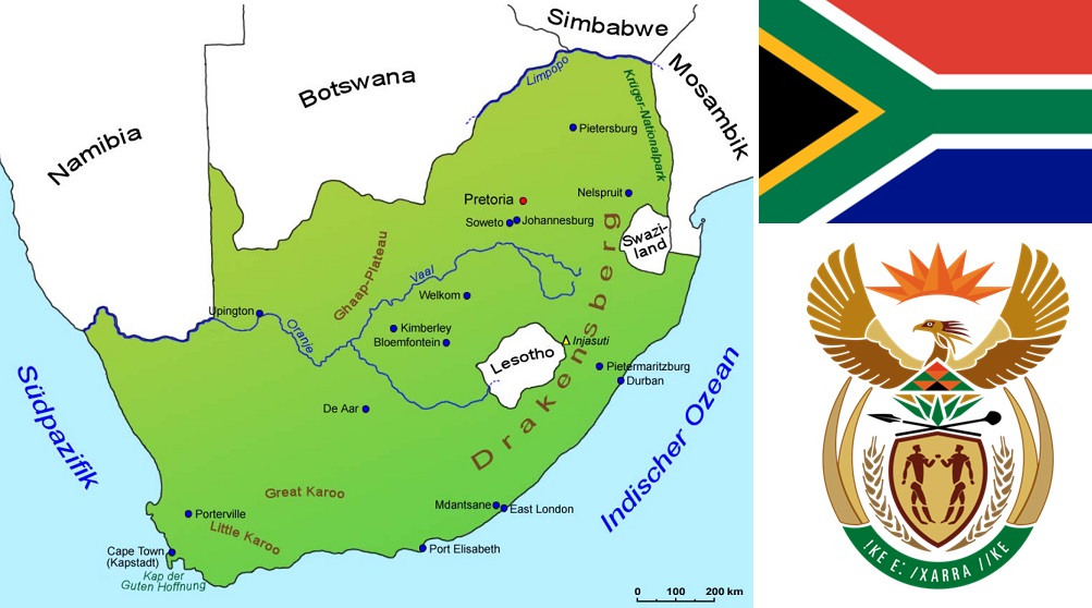 Südafrika - Landkarte, Flagge, Wappen