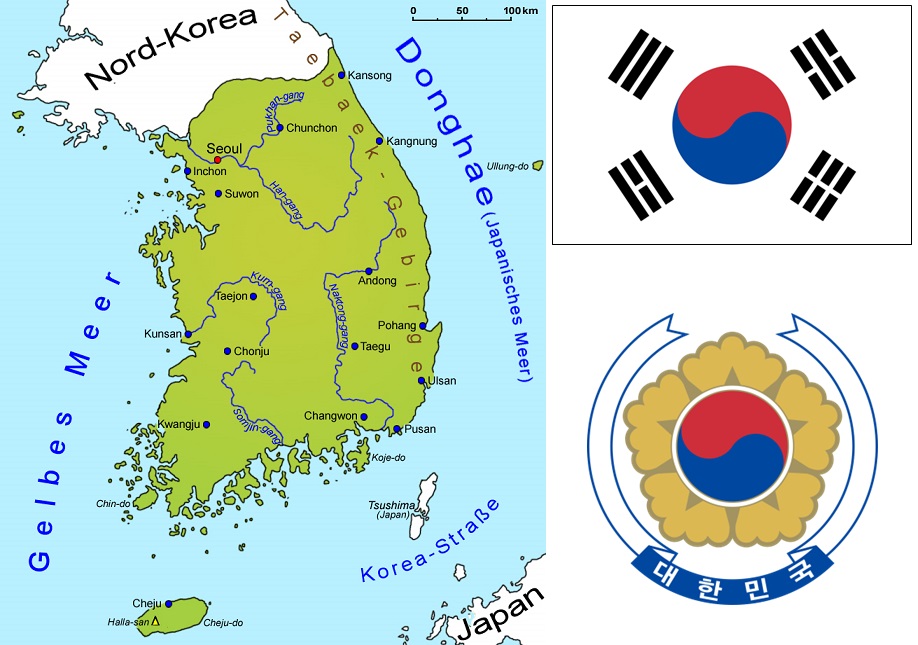 Südkorea - Landkarte, Flagge, Wappen