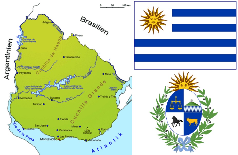 Uruguay - Landkarte, Flagge und Wappen